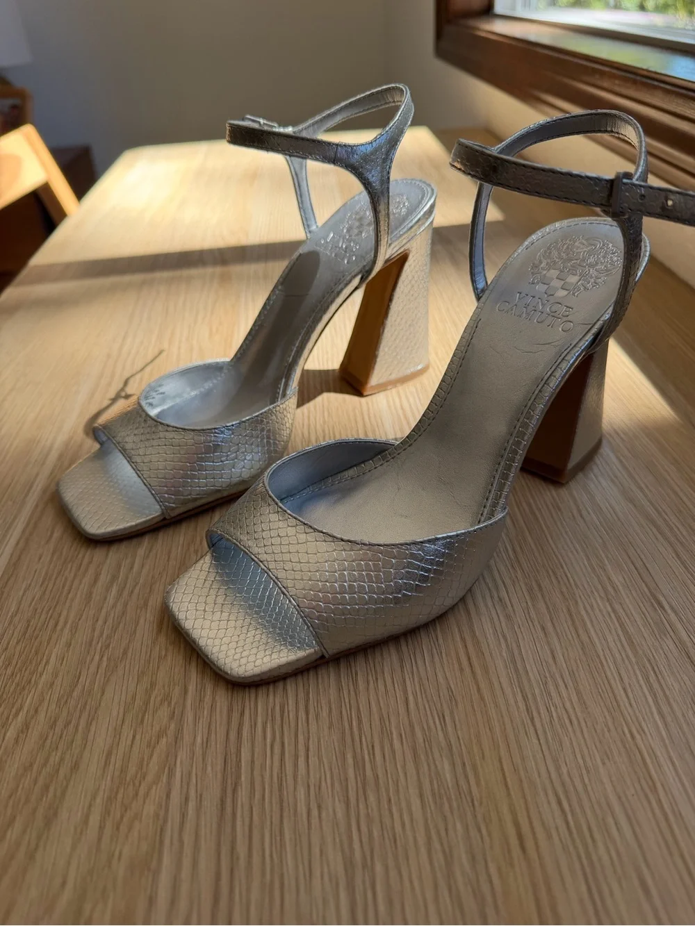 Vince Camuto Silver Textured Block Heel Sandals with Ankle Strap